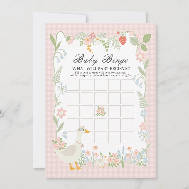 Invitación Pink Silly Goose Floral Gingham Baby Bingo (Anverso)
