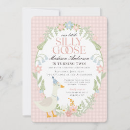 Invitación Pink Silly Goose Floral Gingham Birthday Party
