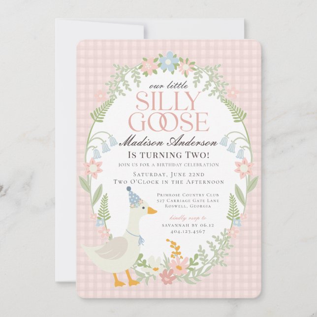 Invitación Pink Silly Goose Floral Gingham Birthday Party (Anverso)