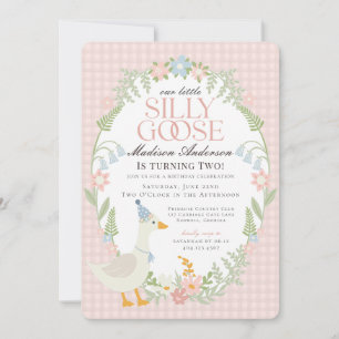 Invitación Pink Silly Goose Floral Gingham Birthday Party