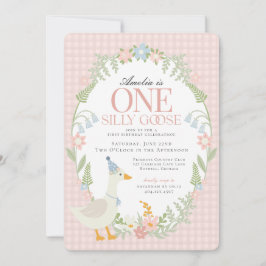 Invitación Pink Silly Goose Floral Gingham Primer Cumpleaños