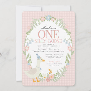 Invitación Pink Silly Goose Floral Gingham Primer Cumpleaños