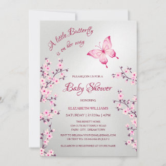Invitación Pink Silver Butterfly | Girl Baby Shower 