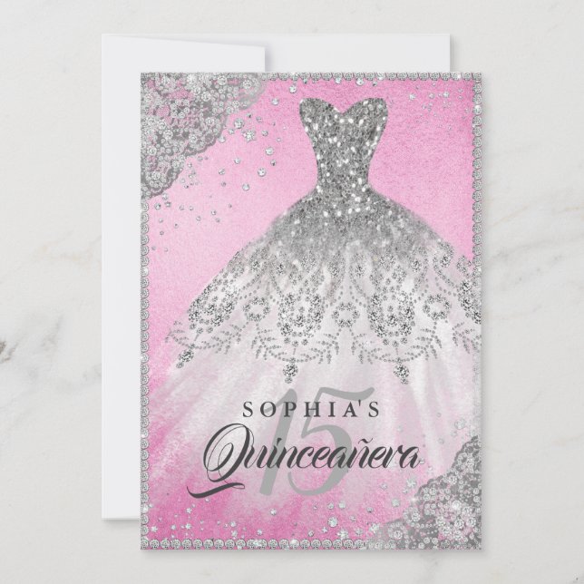 Invitación Pink Silver Diamond Lace Sparkle Gown Quinceanera (Anverso)