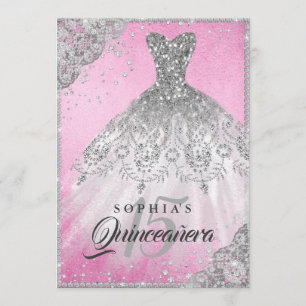 Invitación Pink Silver Diamond Lace Sparkle Gown Quinceanera