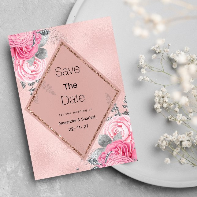 Invitación Pink silver glitter peony floral Save The Date (Pink silver glitter peony floral Save The Date )