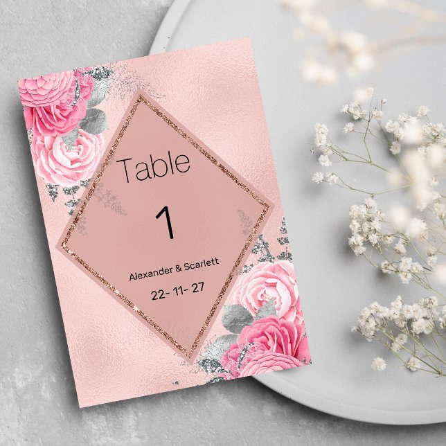 Invitación Pink silver glitter peony floral Table Numbers (Pink silver glitter peony floral Table Numbers )