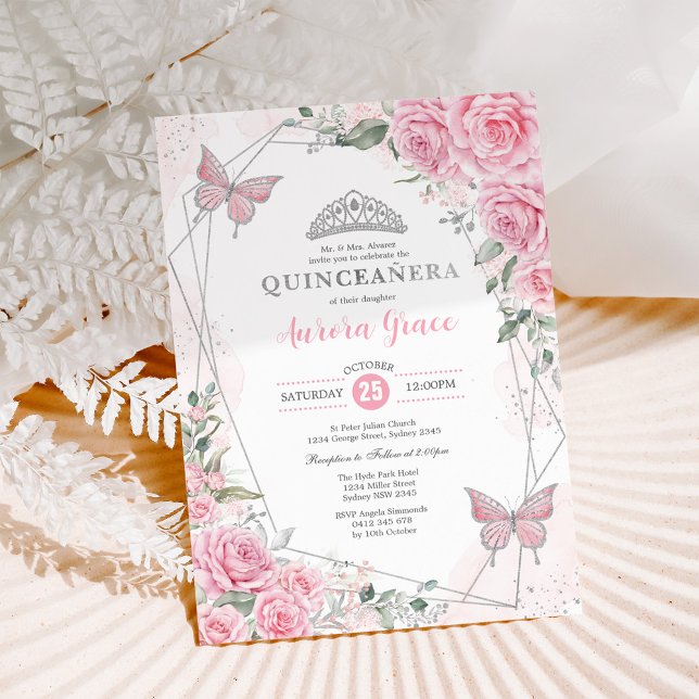 Invitación Pink Silver Roses Butterfly Quinceañera Birthday (Subido por el creador)