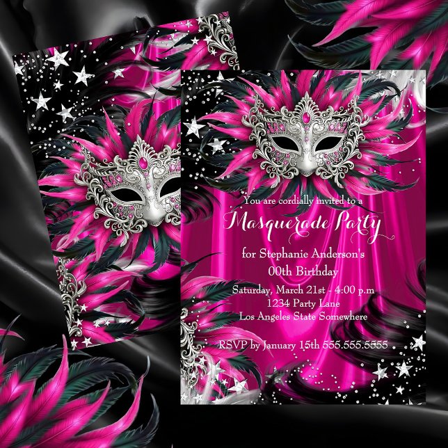 Invitación Pink Silver Sparkle Magical Night Masquerade Party (Subido por el creador)