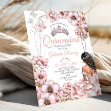 Pink Silver Tiara Floral Butterfly Quinceañera