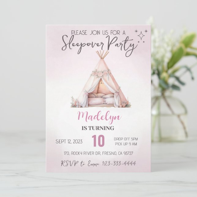 Invitación Pink Sleepover Boho Teepee Slumber Fiesta Cumpleañ (Anverso de pie)