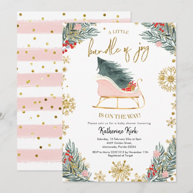 Invitación Pink Sleigh Baby Shower Pequeño paquete de alegría (Anverso / Reverso)