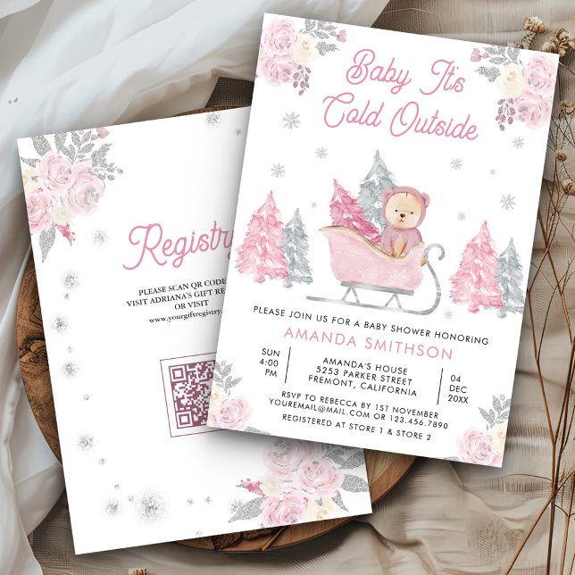 Invitación Pink Sleigh Cute Teddy Bear Baby Shower (Subido por el creador)
