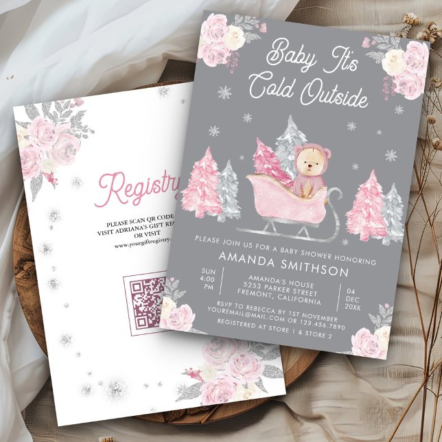 Invitación Pink Sleigh Cute Teddy Bear Gray Baby Shower (Subido por el creador)
