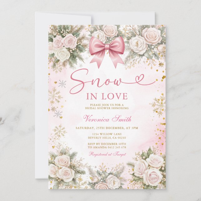 Invitación Pink Snowflake Snow in Love Winter Bridal Shower (Anverso)