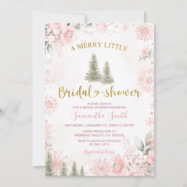 Invitación Pink Snowflake Winter A Merry Little Bridal Shower (Anverso)