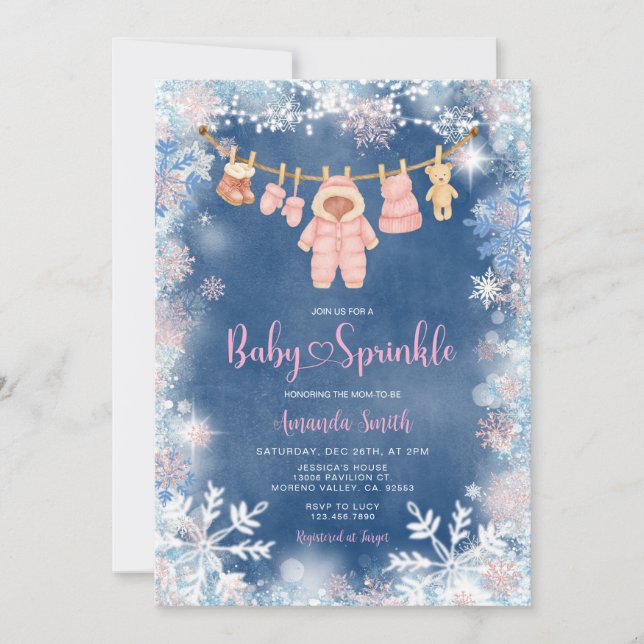 Invitación Pink Snowflakes Blue Winter Girl Baby Sprinkle (Anverso)