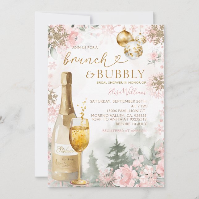 Invitación Pink Snowflakes Brunch and Bubbly Champagne  (Anverso)