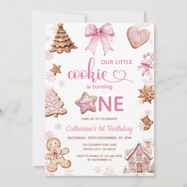 Invitación Pink Snowflakes Gingerbread Christmas 1st Birthday (Anverso)