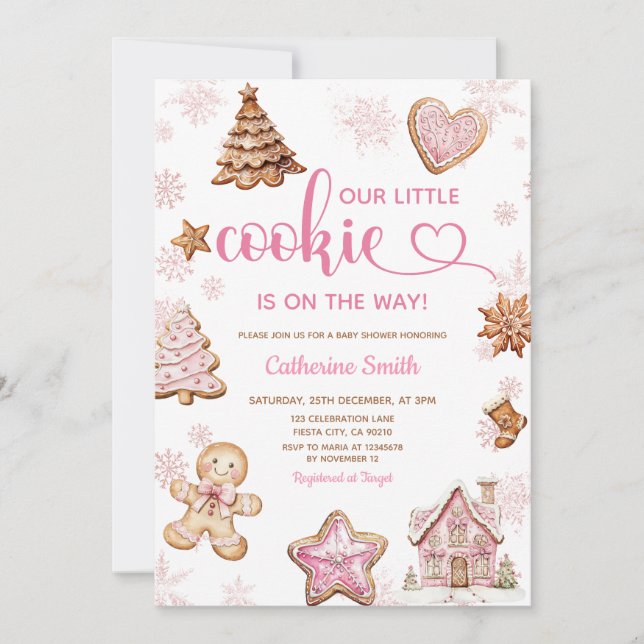 Invitación Pink Snowflakes Gingerbread Christmas Baby Shower (Anverso)