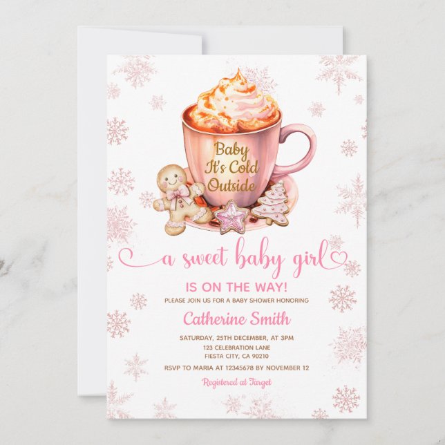 Invitación Pink Snowflakes Gingerbread Christmas Baby Shower (Anverso)