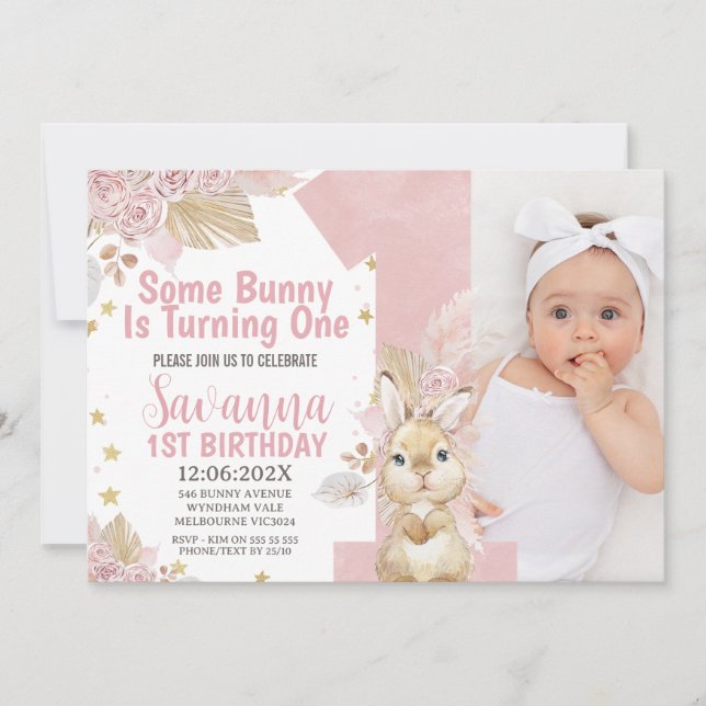 Invitación Pink Some Bunny Boho Floral 1er cumpleaños (Anverso)