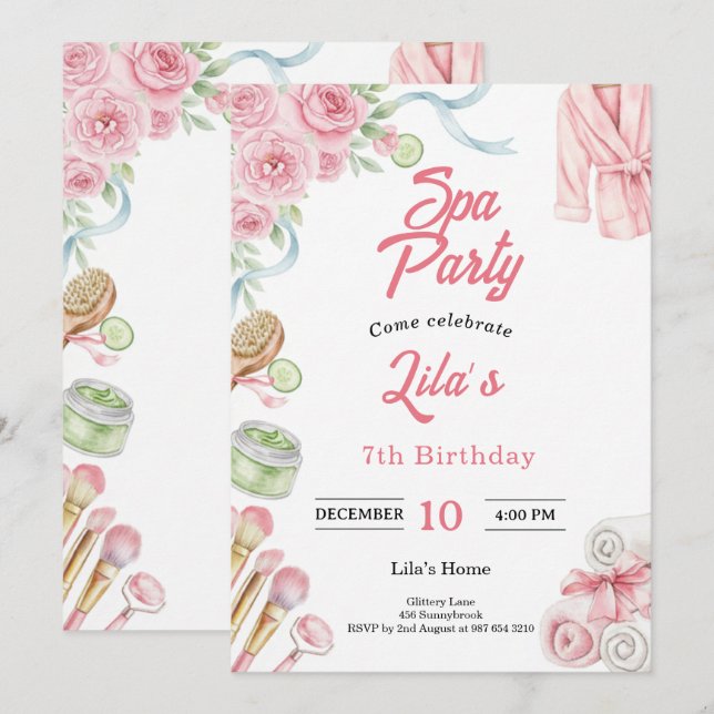 Invitación Pink Spa Party Invitation for Girl's 7th Birthday (Anverso / Reverso)