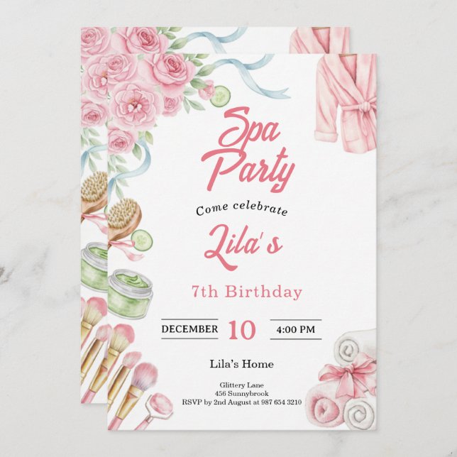 Invitación Pink Spa Party Invitation for Girl's 7th Birthday (Anverso / Reverso)