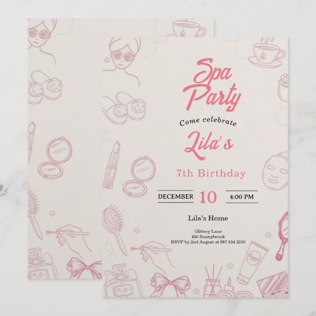 Invitación Pink Spa Party Invitation for Girl's 7th Birthday (Anverso / Reverso)