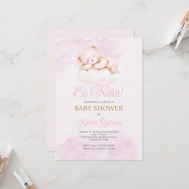 Invitación Pink Spanish Baby Shower Girl (Anverso/Reverso In Situ)