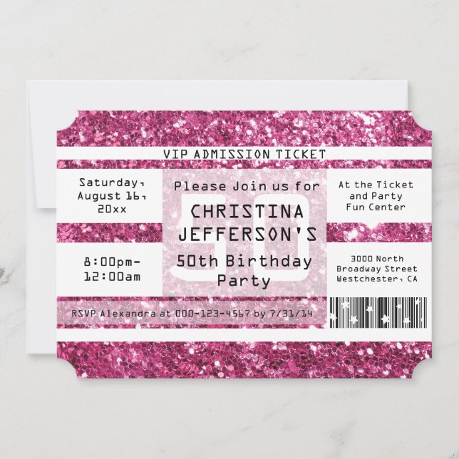 Invitación Pink Sparkle 50th Birthday Party Ticket (Anverso)