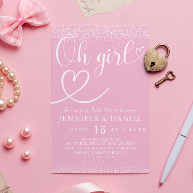 Invitación Pink Sparkle Oh Girl Script Heart Cute (Subido por el creador)