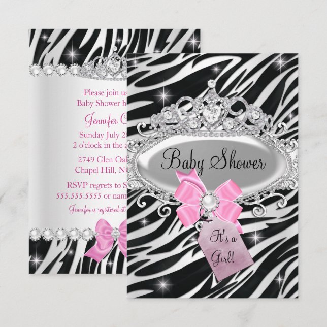 Invitación Pink Sparkle Zebra Princesa Tiara Baby Shower (Anverso / Reverso)