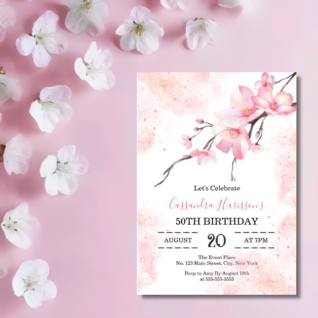 Invitación Pink Splash Cherry Blossom Floral Cumpleaños (Subido por el creador)