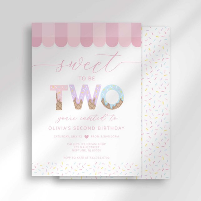 Invitación Pink Sprinkles Sweet to be Two Ice Cream Birthday (Subido por el creador)