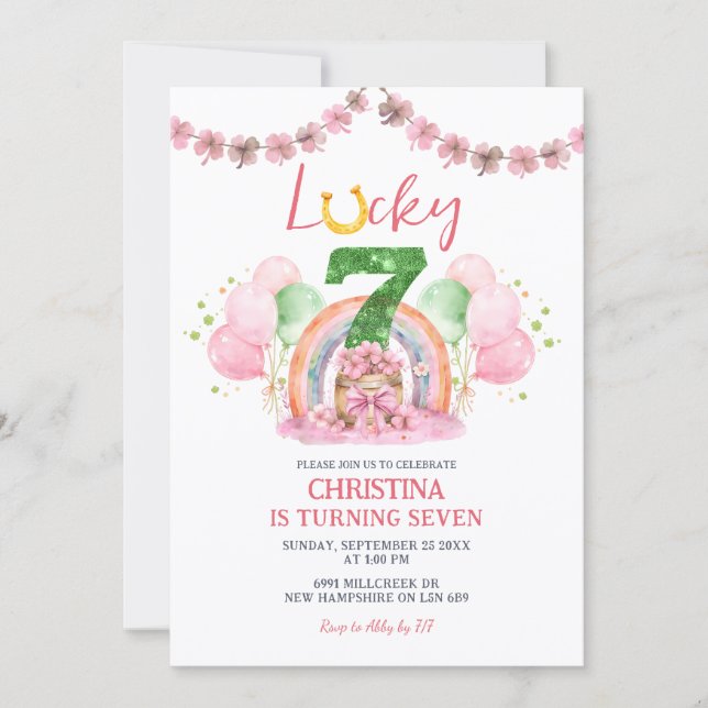 Invitación Pink St Patrick Lucky Seven Birthday Invitation (Anverso)