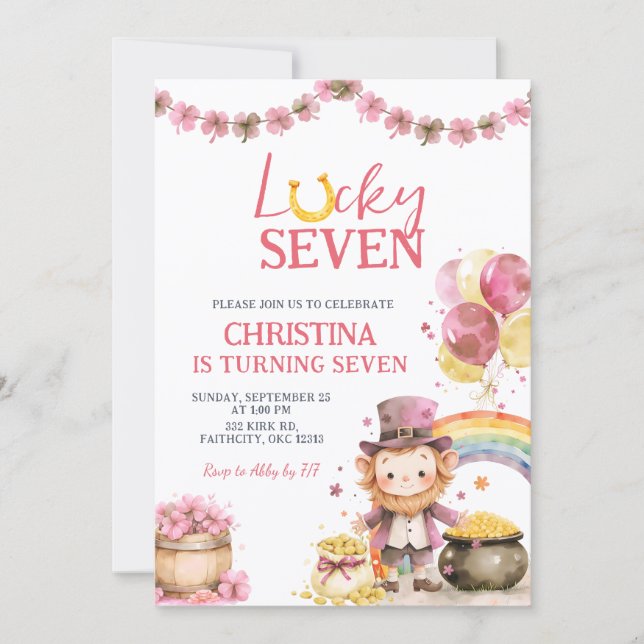 Invitación Pink St Patrick Lucky Seven Birthday Invitation (Anverso)