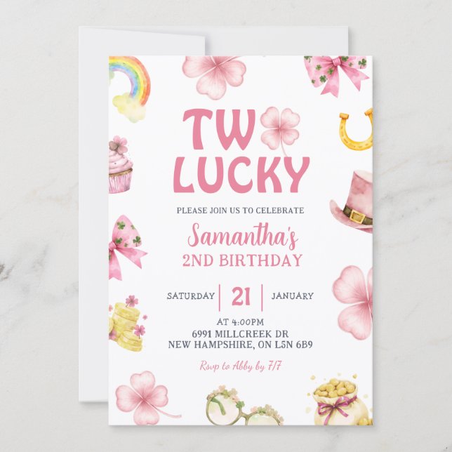 Invitación Pink St Patrick Two Lucky Birthday Invitation (Anverso)