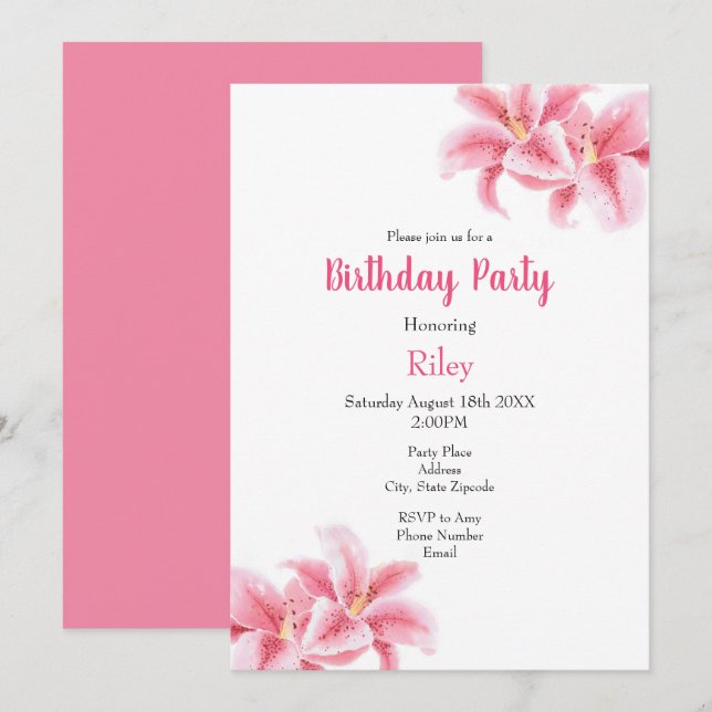Invitación Pink Stargazer Lilies (Anverso / Reverso)