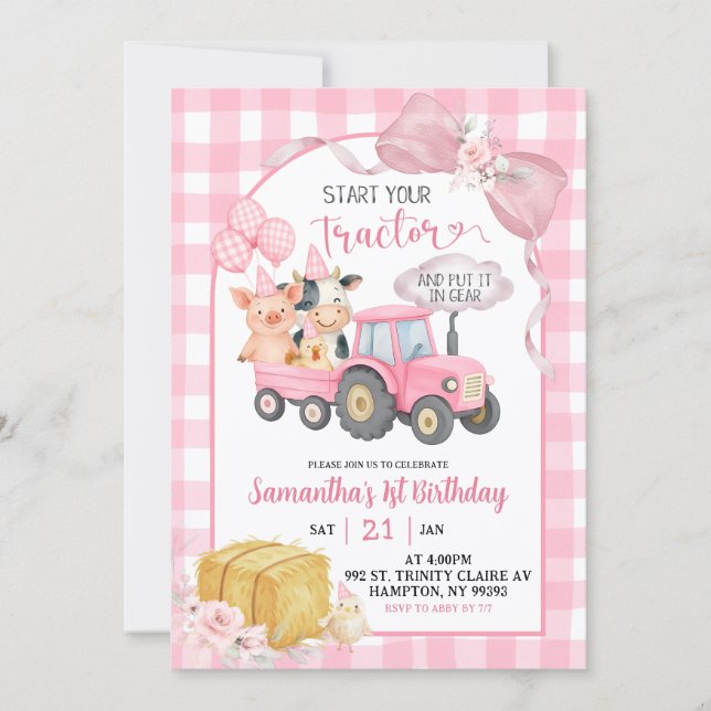 Invitación Pink Start Your Tractor Farm Animals Birthday (Anverso)