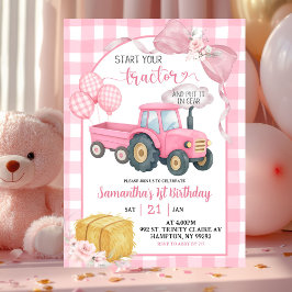 Invitación Pink Start Your Tractor Farm Theme Girl Birthday