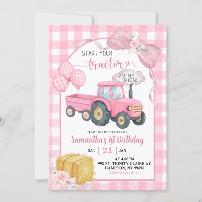Invitación Pink Start Your Tractor Farm Theme Girl Birthday (Anverso)