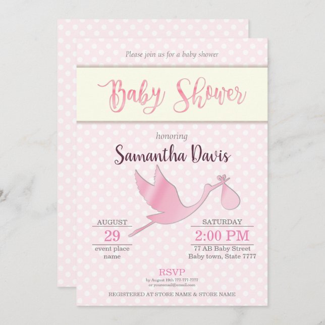 Invitación Pink Stork Baby Baby Shower (Anverso / Reverso)
