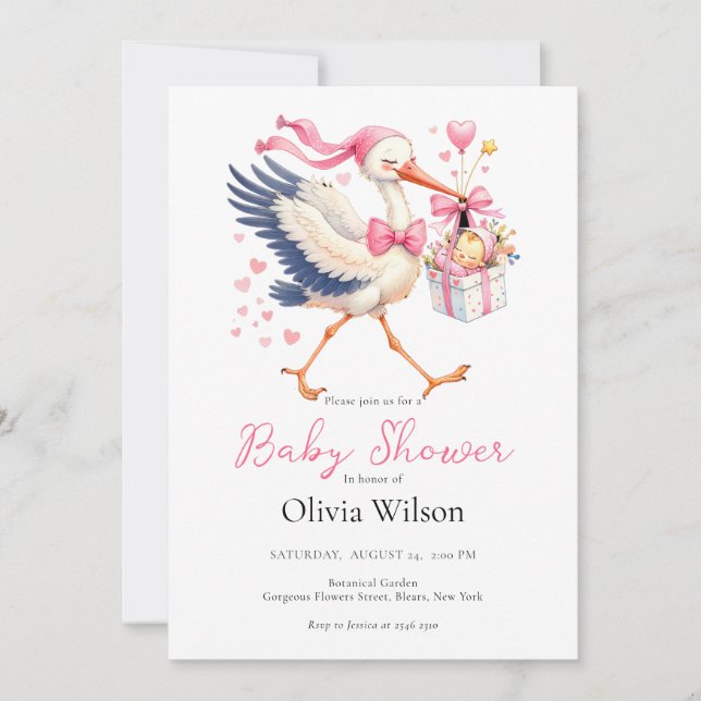 Invitación Pink Stork With Baby (Anverso)