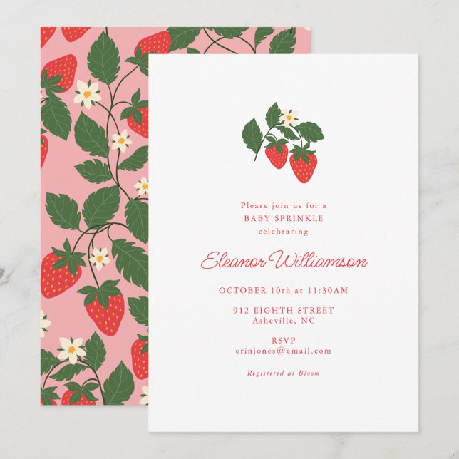 Invitación Pink Strawberry Baby Shower Sprinkle Botanical (Anverso / Reverso)