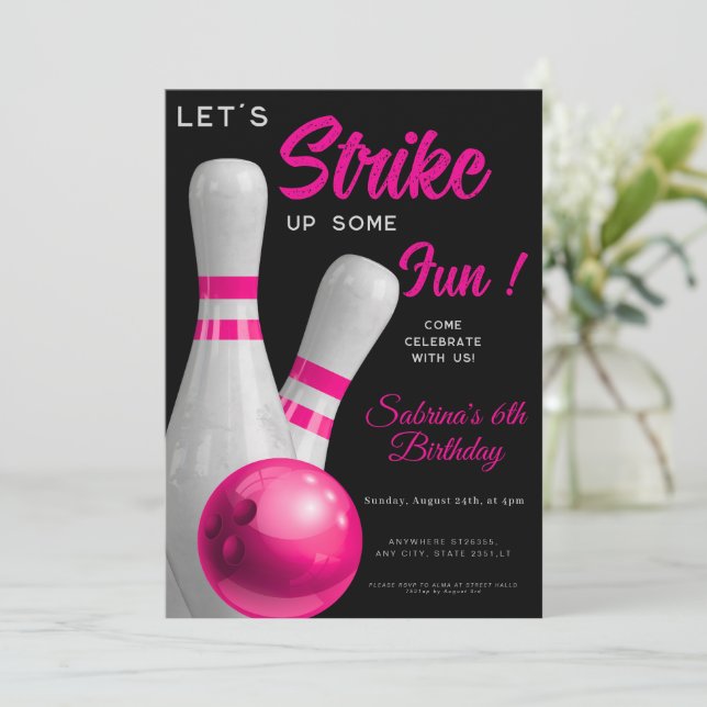 Invitación Pink Strike Up Some fun girl bowling birthday (Anverso de pie)