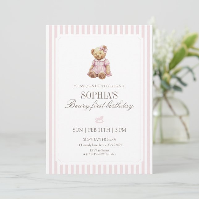 Invitación Pink Stripe Beary First Birthday Girl Teddy Bear (Anverso de pie)