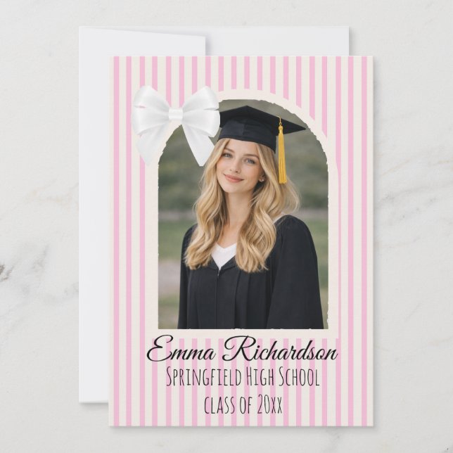 Invitación Pink Stripe Bow Graduation (Anverso)