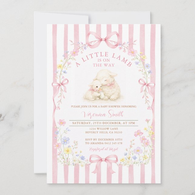 Invitación Pink Stripe Little Lamb Baby Shower Floral (Anverso)