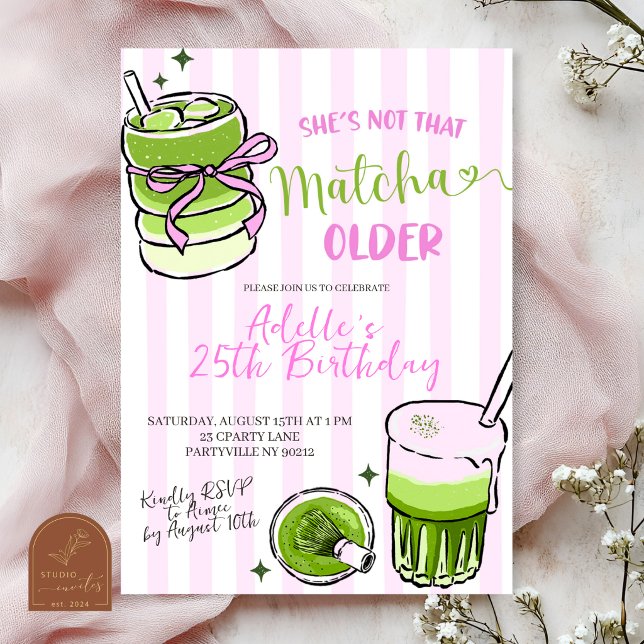 Invitación Pink Stripe Modern Matcha Birthday Invitation (Subido por el creador)